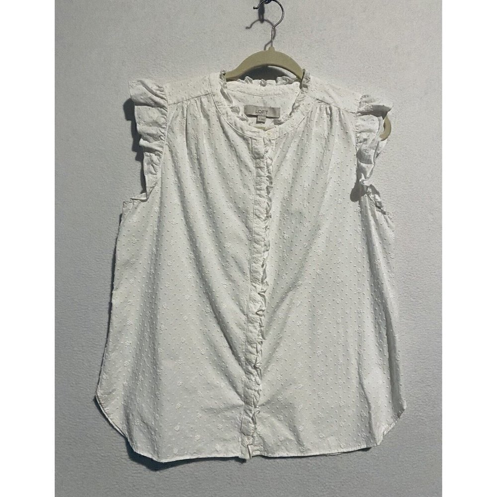 LOFT Top Womens Medium Swiss Dot Button Up Ruffle Cap Sleeve Cottagecore Boho